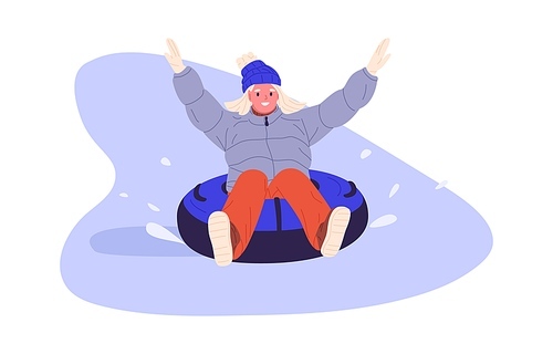 Happy woman riding snow tubing on winter holidays, sliding down slope. Smiling person having fun and enjoying outdoor wintertime activity. Flat vector illustration isolated on white background.