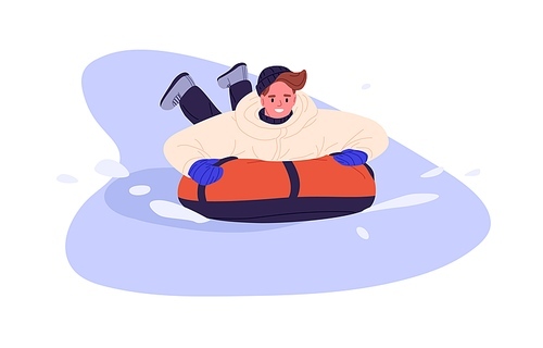 Happy man riding snow tubing, sliding down slope, lying on stomach. Young guy having fun on winter holidays. Outdoor leisure activity in frost. Flat vector illustration isolated on white background.