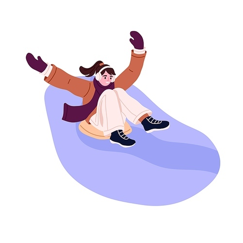 Person sliding down hill on sleds. Happy child on sledges on winter holidays. Toboggan, wintertime fun. Smiling kid riding slippery board. Flat vector illustration isolated on white background.