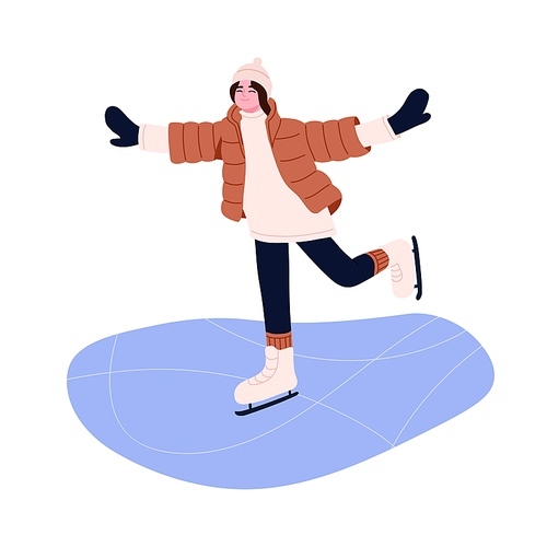 Happy person sliding on skates. Smiling cheerful girl having fun on ice rink on winter holidays. Wintertime leisure outdoor activity. Flat vector illustration isolated on white background.