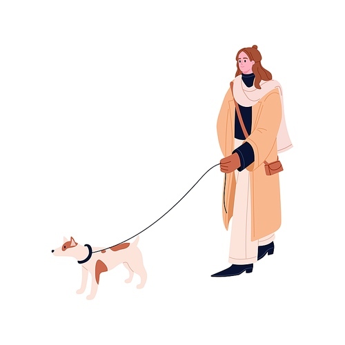 Woman walking and leading dog on leash. Winter stroll with puppy. Person going with doggy. Pet owner and canine animal outdoors on wintertime. Flat vector illustration isolated on white background.