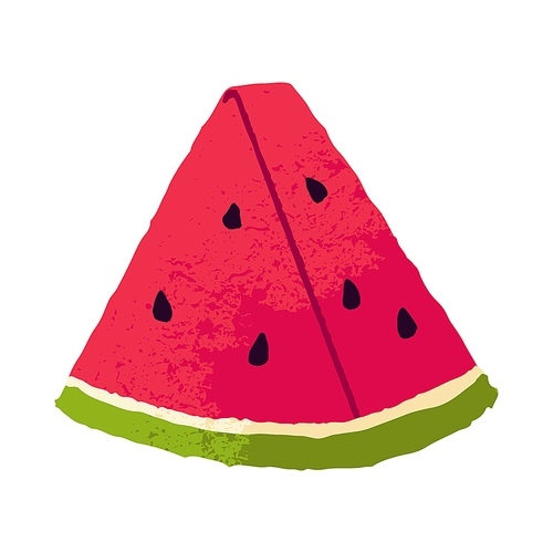 Exotic watermelon, fruit piece. Triangle cut slice of water melon with juicy flesh, pulp, skin and seeds. Fresh vitamin sweet tropical food. Flat vector illustration isolated on white background.