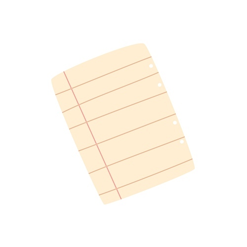 Blank lined sheet of paper from school copybook. Empty torn off piece of notepad with margins. Detached A5 page from notebook. Flat vector illustration isolated on white background.