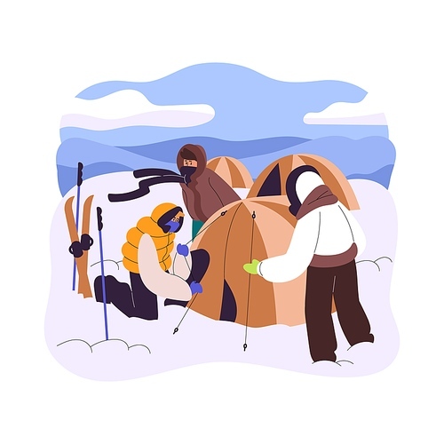 Winter camp. Campers setting tent in snow at mountain campsite. People after hiking with ski on wintertime holiday. Trekking in cold weather. Flat vector illustration isolated on white background.