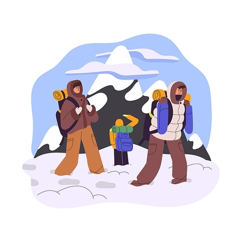 Hikers with backpacks during winter hiking, trekking to mountains. Climbers backpackers in snow. Tourists at adventure on wintertime holiday. Flat vector illustration isolated on white background.