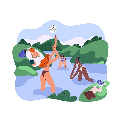 Girls friends playing ball, volleyball game, standing in water in nature. Happy women during sport activity on summer holiday, vacation outdoors. Flat vector illustration isolated on white background.