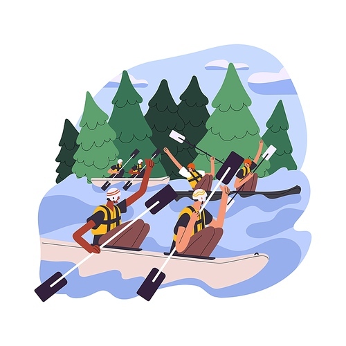 Happy people during kayaking down river, rafting in nature. Friends kayakers in boats, double rowboats rowing with paddles on summer holidays. Flat vector illustration isolated on white background.