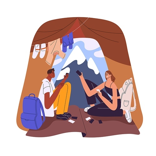 Couple campers in tent during mountain camping. Happy hikers tourists, man and woman relaxing, playing cards in nature on summer holiday. Flat vector illustration isolated on white background.