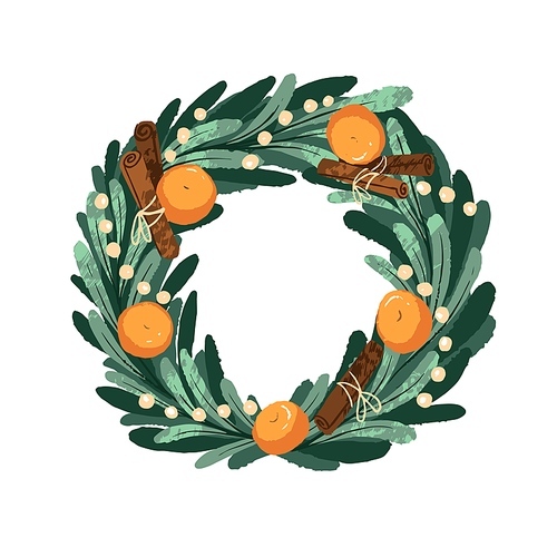 Christmas wreath design with festive beads, mandarins, cinnamon. Circle holiday decoration, ornament, Xmas round decor with tangerine fruits. Flat vector illustration isolated on white background.