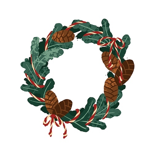Christmas door wreath design with fir cones, twine ribbon and tied bows. Xmas circle decoration, festive winter decor ornament from tree branches. Flat vector illustration isolated on white background.