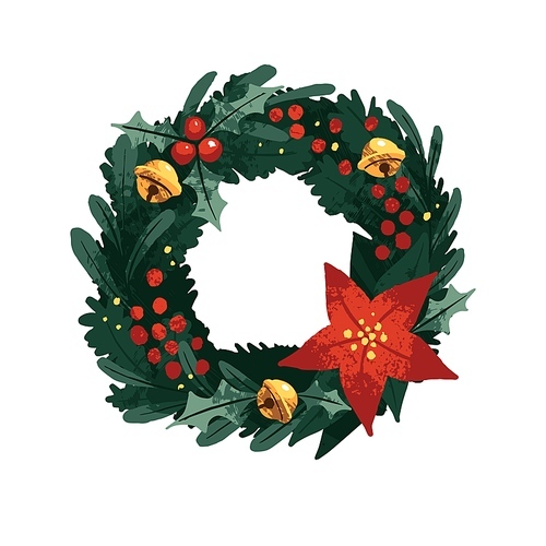 Door wreath design for Christmas holiday. Festive circle decoration, Xmas ornament with red berries, bells, poinsettia flower and leaves. Flat vector illustration isolated on white background.