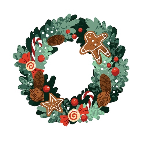 Christmas door wreath design for winter holiday. Fir branch circle decor with gingerbread, ginger cookies, cones, nuts, candy canes and lollies. Flat vector illustration isolated on white background.