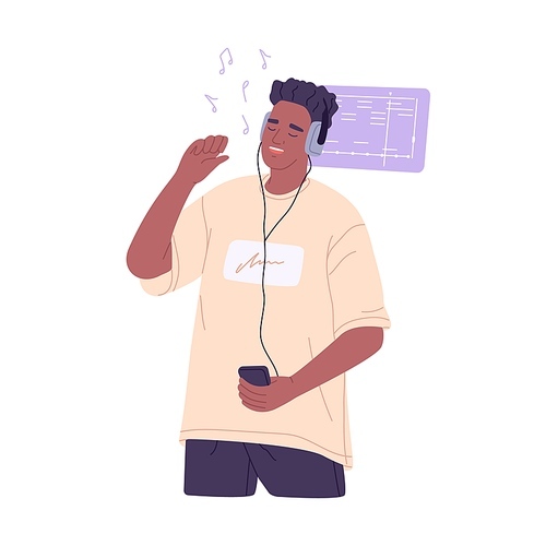 Black man in headphones listening to music and singing along. Guy in earphones with mobile phone, enjoying audio. Happy person with smartphone. Flat vector illustration isolated on white background.