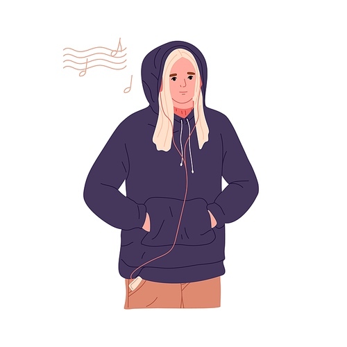 Young woman in earphones listening to music with smartphone portrait. Modern teenager in hoodie, enjoying audio, using mobile phone player. Flat vector illustration isolated on white background.