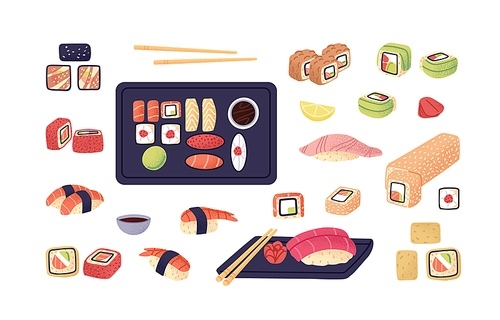 Sushi set. Japanese food with rice, salmon, tuna and nori. Asian seafood, rolls, nigiri and tempura served with plates, chopsticks and sauces. Flat vector illustrations isolated on white background.