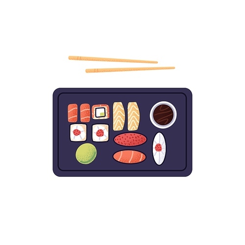 Sushi box, set with chopsticks. Japanese sea food with rice, red fish, tuna, salmon, caviar and nori. Japan rolls, maki and nigiri with sauces. Flat vector illustration isolated on white background.