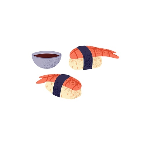 Ebi nigiri with soy sauce in bowl. Asian sushi with rice ball and shrimp, wrapped in nori strip. Japanese seafood. Traditional Japan sea food. Flat vector illustration isolated on white background.