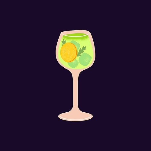 Alcohol drink in cocktail glass. Cold green beverage with rosemary, tropical lemon fruit segment, ice cubes and gin. Summer party refreshment. Isolated colored flat vector illustration.