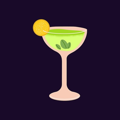 Alcohol drink in cocktail glass. Cold green beverage with mint leaf, tropical lemon fruit piece decor and liquor. Summer refreshment for party. Isolated colored flat vector illustration.