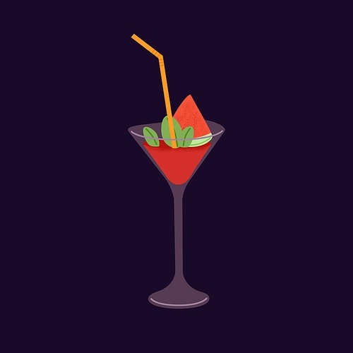 Alcohol drink in cocktail glass. Red watermelon mojito with straw and tropical fruit piece and mint leaves for decor. Cold summer refreshing beverage with gin and juice. Flat vector illustration.