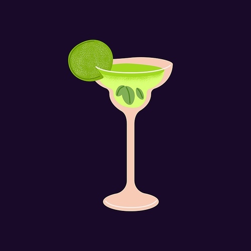 Alcohol cocktail in glass. Green drink with mint leaves, tropical lime fruit segment and liquor. Cold summer refreshing beverage for party. Isolated flat vector illustration of midori sour.