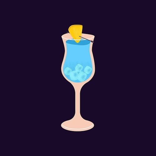 Blue Lagoon in cocktail glass with ice cubes and pineapple for decor. Alcohol drink with curacao and tropical fruit. Summer party beverage with vodka, soda and juice. Isolated flat vector illustration.