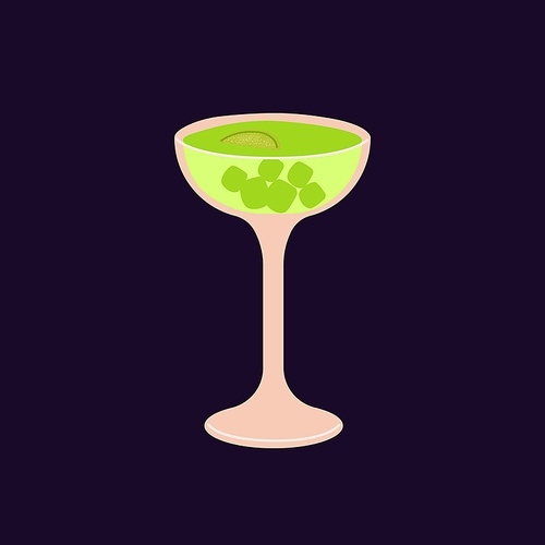 Green alcohol cocktail in high glass. Cold party drink with ice cubes, lime fruit piece and gin. Summer refreshing tropical beverage with citrus juice. Isolated colored flat vector illustration.