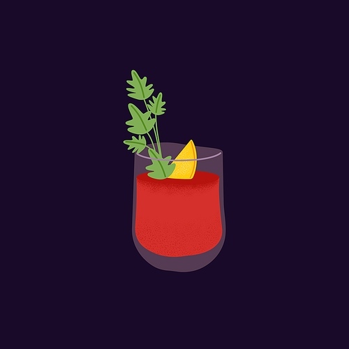 Bloody Mary, alcohol cocktail in glass. Red drink with tomato juice and vodka. Hard bar beverage with lemon piece, celery leaf and whiskey. Isolated colored flat vector illustration of cold shot.