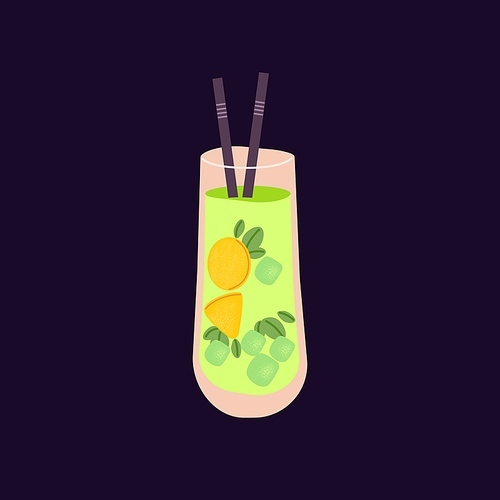 Green alcohol cocktail in glass. Cold highball drink with ice cubes, lemon fruit slices and gin. Tropical Hawaiian beverage with mint and straws for party. Isolated colored flat vector illustration.