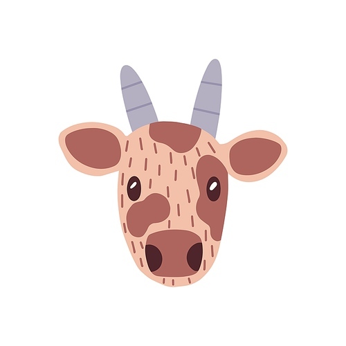 Cute funny face of baby cow with adorable eyes. Head portrait of amusing bull calf in doodle style. Lovely muzzle of young domestic animal. Flat vector illustration isolated on white background.