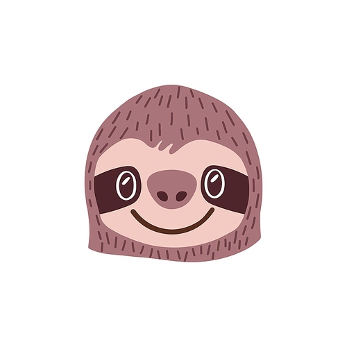 Cute happy face of sloth. Head portrait of funny wild young animal with adorable eyes. Sweet muzzle of amusing rainforest bear in doodle style. Flat vector illustration isolated on white background.
