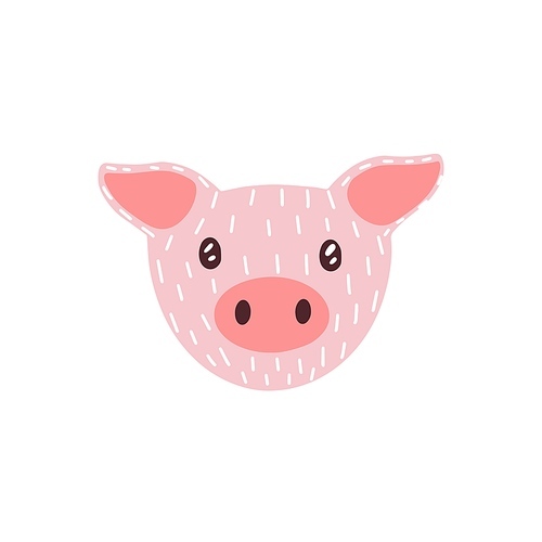 Cute funny face of mini pig. Amusing head portrait of piglet in doodle style. Lovely adorable snout of young domestic animal. Flat vector illustration of baby piggy isolated on white background.
