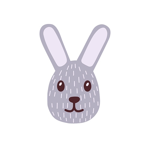 Cute funny face of bunny. Adorable baby hare's head. Rabbit's muzzle in doodle style. Amusing little young animal with lovely eyes and long ears. Flat vector illustration isolated on white background.