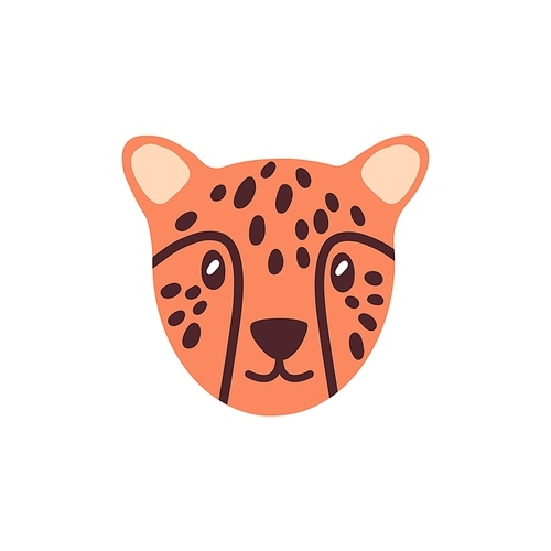 Cute face of baby leopard. Doodle leo head. Amusing portrait of funny wild feline animal with adorable eyes. Muzzle of jungle cub. Flat vector illustration isolated on white background.