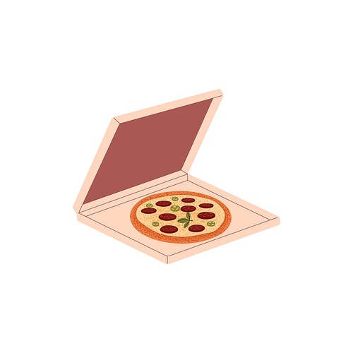 Spicy pizza in open takeaway box. Italian food with salami, pepperoni sausages, mozzarella cheese, hot pepper jalapeno. Appetizing Italy snack. Flat vector illustration isolated on white background.