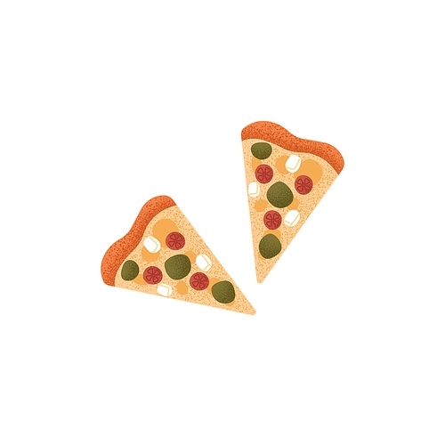 Pizza, cut triangle pieces. Italian vegetarian food slices with tomato, feta cheese, mozzarella, pesto sauce, fresh vegetable ingredients. Flat vector illustration isolated on white background.
