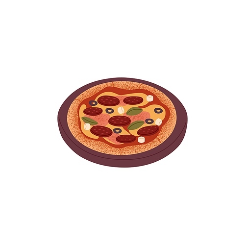 Italian pizza served on dish, plate. Snack food with salami sausages, olives, mozzarella and feta cheese, basil. Pepperoni on wood board. Flat vector illustration isolated on white background.