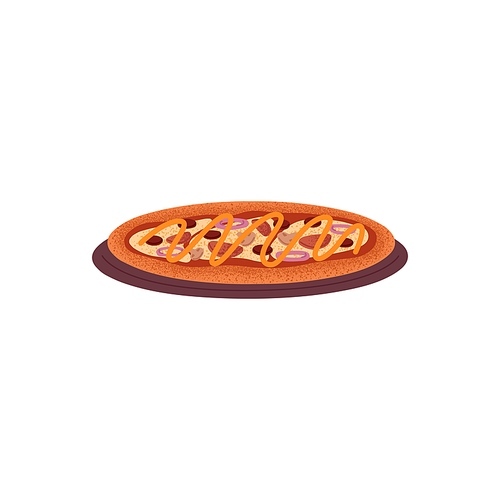 Italian pizza with meat served on wood dish, plate. Fat snack food with Bavarian sausages, champignon mushrooms, cheese, mustard sauce. Flat vector illustration isolated on white background.