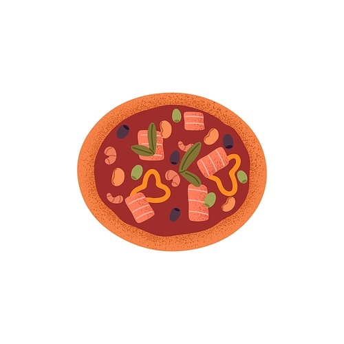 Italian pizza with seafood and tomato sauce. Sea food snack with red fish, salmon, shrimps, mussels, sweet pepper, basil, olives ant thick crust. Flat vector illustration isolated on white background.
