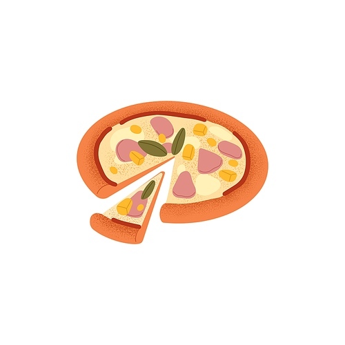 Italian pizza with ham, cheese, basil and thick crust. Meat food from Italy with cut triangle piece with cheddar, sauce. Tasty snack, dish. Flat vector illustration isolated on white background.