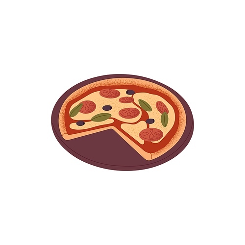Italian pizza served on plate with absent piece. Vegetarian food with tomato, olives, basil, mozzarella cheese, sauce and thick crust. Flat vector illustration isolated on white background.