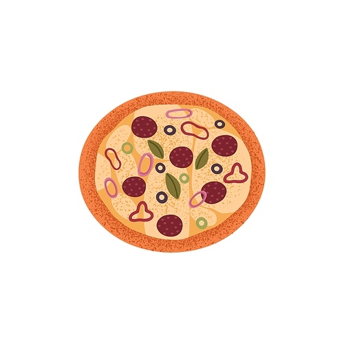 Italian pepperoni pizza with sausages, olives, mozzarella cheese, sweet pepper, onion, basil leaf. Appetizing snack circle with salami. Flat vector illustration isolated on white background.
