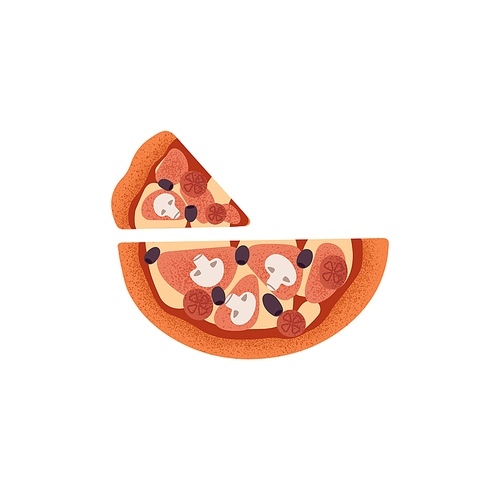 Pizza with mushroom, tomato, cheese and olives. Italian food with champignon, mozzarella and cut triangle piece, top view. Tasty snack. Flat vector illustration isolated on white background.
