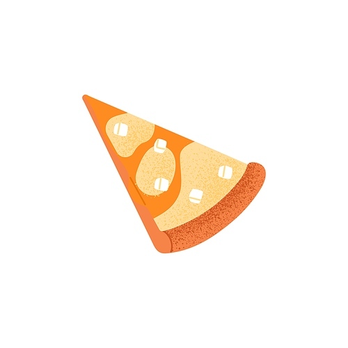 Cut cheesy pizza piece. Italian food, triangle slice with feta, mozzarella, cheddar cheese and thick crust. Tasty vegetarian snack from Italy. Flat vector illustration isolated on white background.