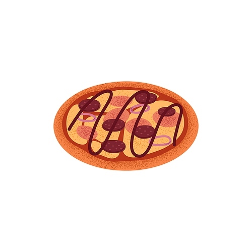 Pizza with sausage, melted cheese, barbecue sauce. Italian snack food with mozzarella, pepperoni, onion and traditional thick crust. Flat vector illustration isolated on white background.