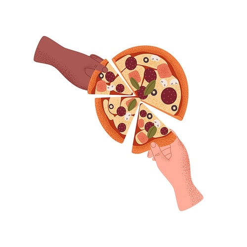 Hands taking pizza pieces. Italian food, pepperoni with sausage slices, champignon mushrooms, tomato sauce and cheese, top view. Friends eating. Flat vector illustration isolated on white background.