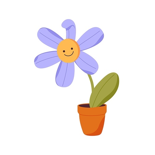 Cute flower growing in pot. Funny happy floral plant with smiling face in flowerpot. Childish bloom with eyes and mouth in planter. Kids flat vector illustration isolated on white background.