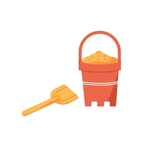 Kids plastic bucket with beach sand and small spade. Childrens summer toys, shovel and red pot with handle for playing outdoors. Flat vector illustration isolated on white background.