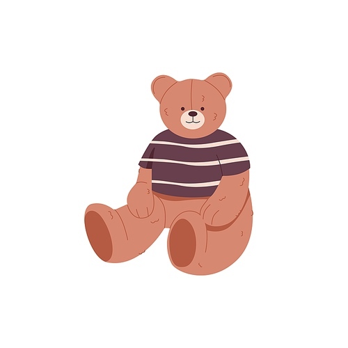 Plush teddy bear. Stuffed fluffy teddybear sitting. Childrens soft toy. Cuddly sweet cute doll animal in T-shirt. Flat vector illustration isolated on white background.