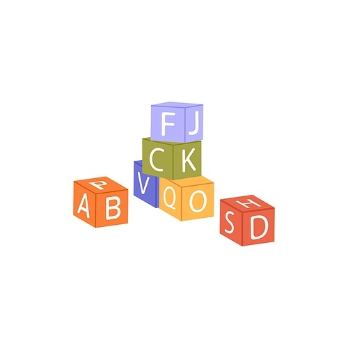 Kids building blocks with alphabet, english letters. Wood ABC cubes, dices for babies, preschool children education, game and playing. Flat vector illustration isolated on white background.